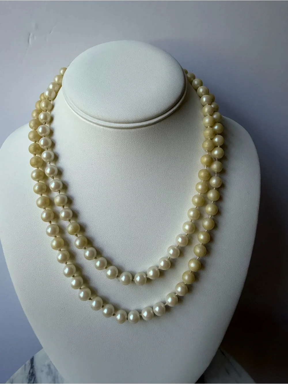 Vintage Sarah Coventry Faux Pearl Opera Necklace 36” Ivory Beads Signed Clasp